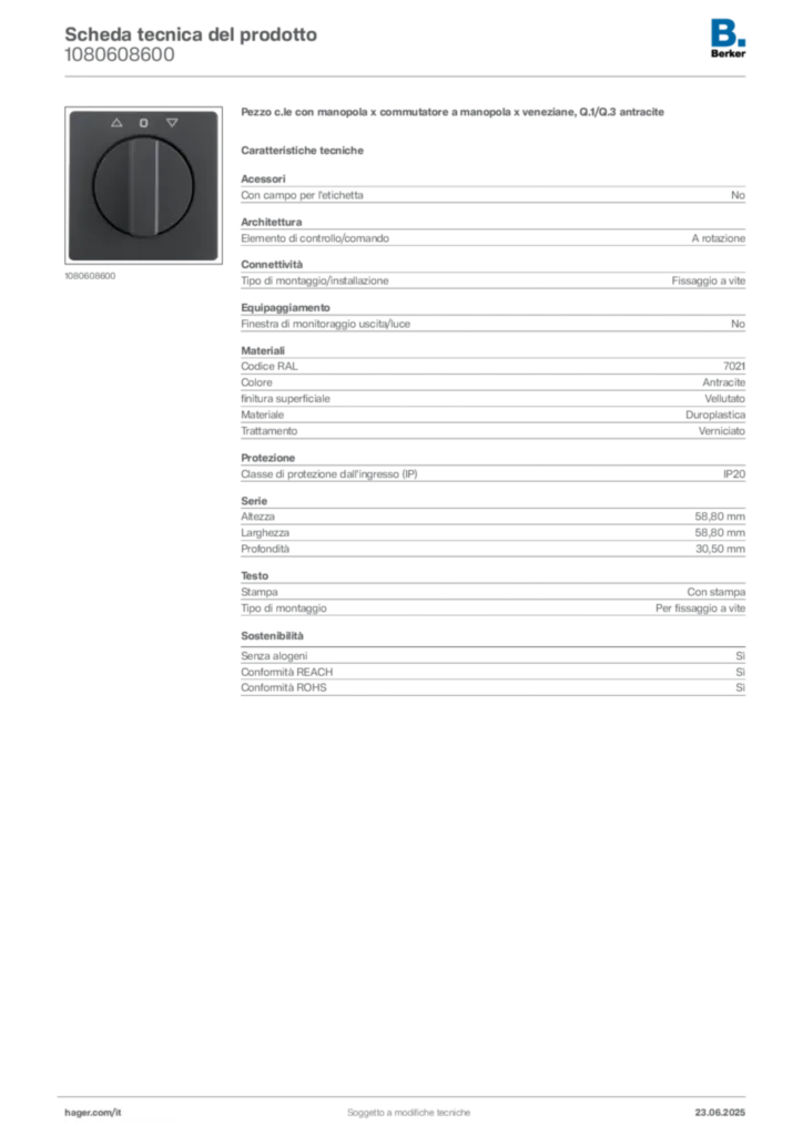 Immagine Berker Scheda tecnica del prodotto 1080608600 | Hager Italia
