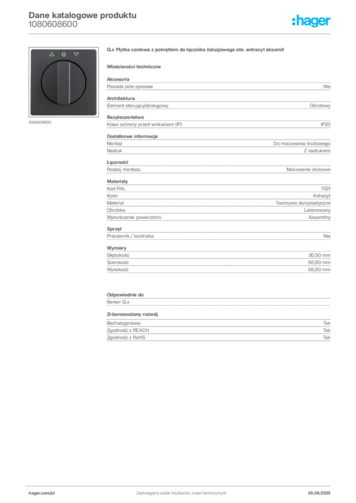 Zdjęcie Hager Dane katalogowe produktu 1080608600 | Hager Polska