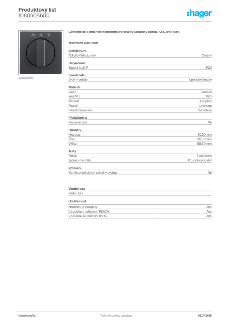 Obrázek Hager Produktový list 1080608600 | Hager