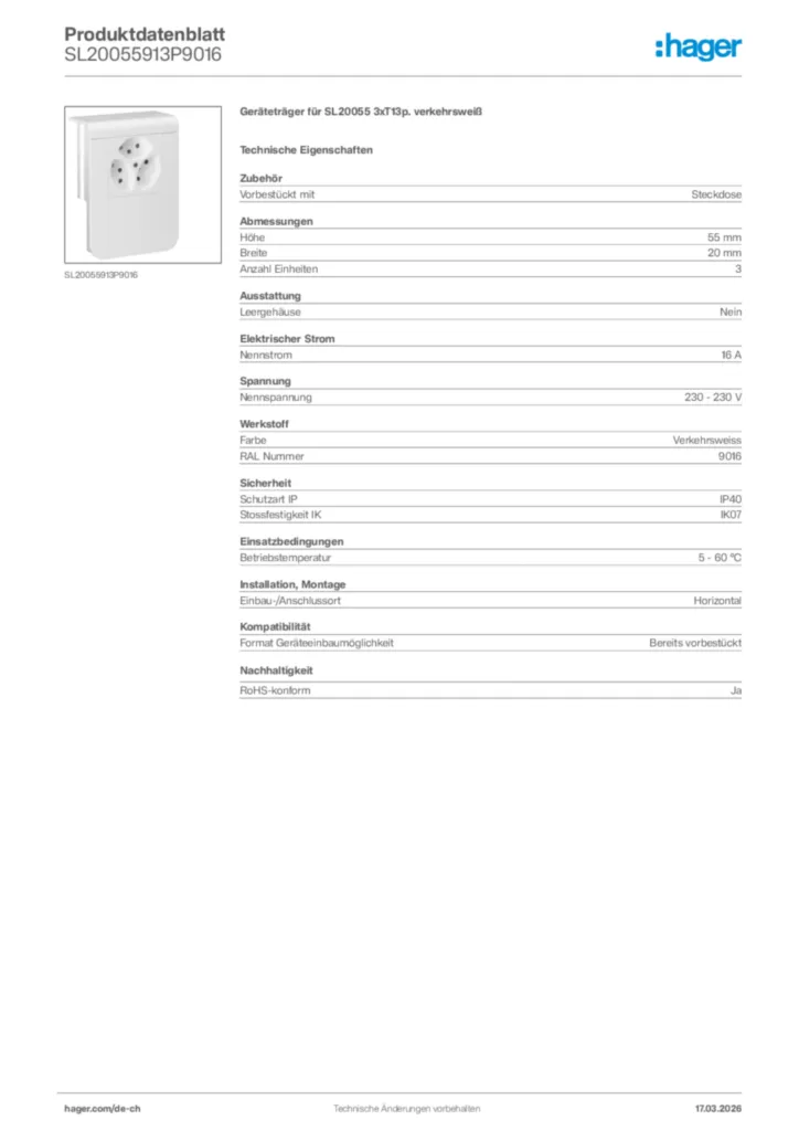 Bild Hager Produktdatenblatt SL20055913P9016 | Hager Schweiz