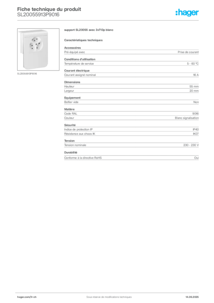 Image Hager Fiche technique du produit SL20055913P9016 | Hager Suisse