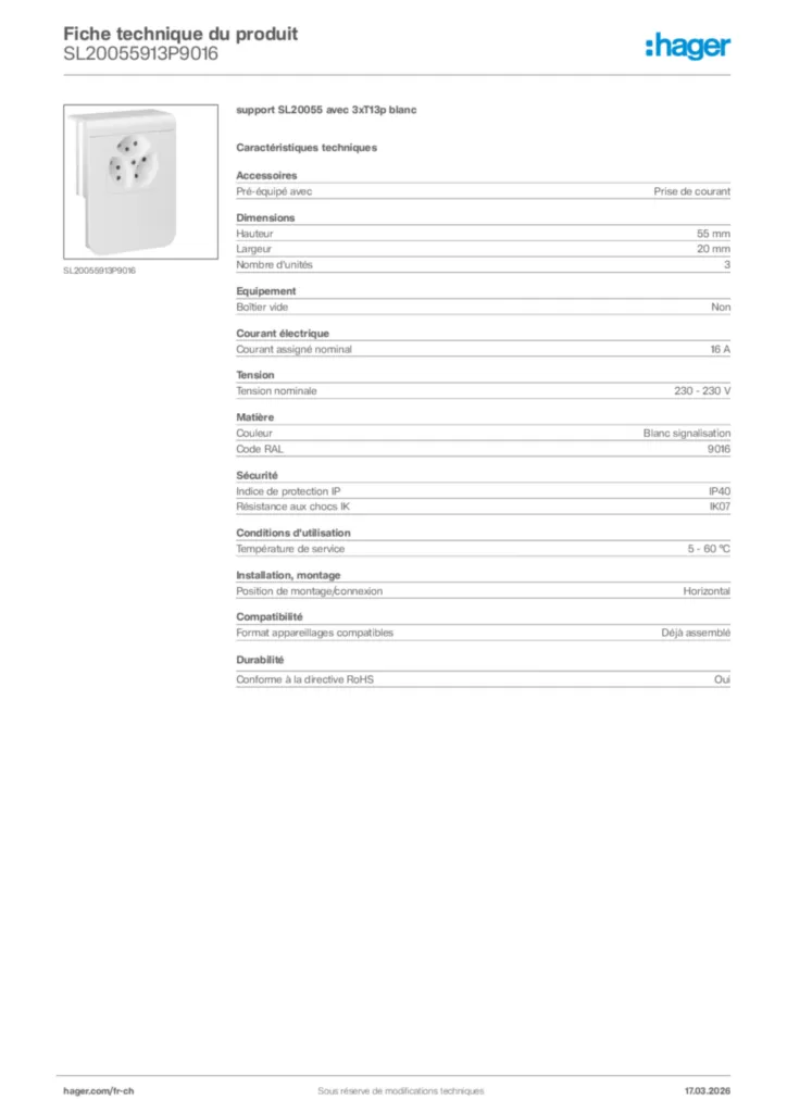 Image Hager Fiche technique du produit SL20055913P9016 | Hager Suisse