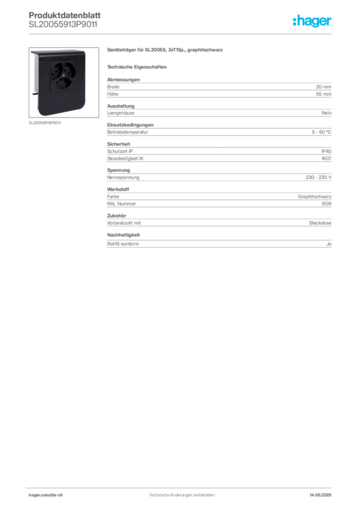 Bild Hager Produktdatenblatt SL20055913P9011 | Hager Schweiz