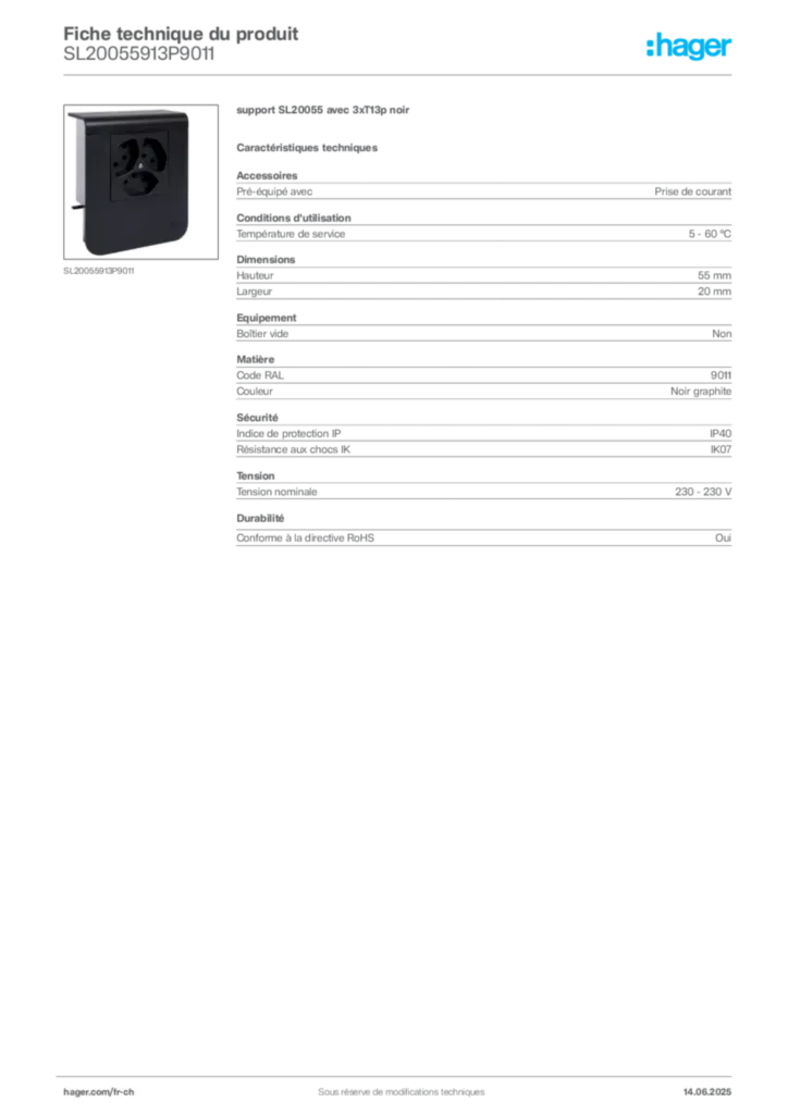 Image Hager Fiche technique du produit SL20055913P9011 | Hager Suisse