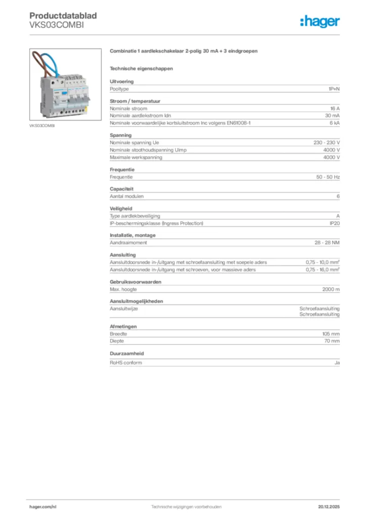 Afbeelding Hager Productdatablad VKS03COMBI | Hager Nederland