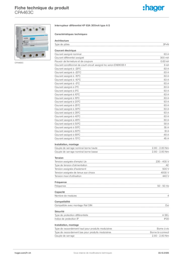 Image Hager Fiche technique du produit CPA463C | Hager Suisse
