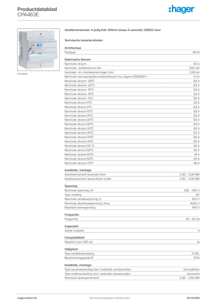 Afbeelding Hager Productdatablad CPA463E | Hager Belgium