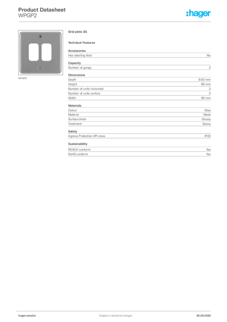 Image Hager Product data sheet WPGP2  | Hager