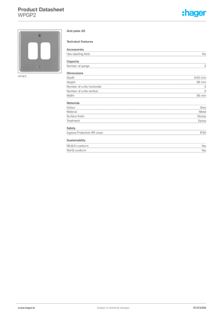 Image Hager Product data sheet WPGP2  | Hager