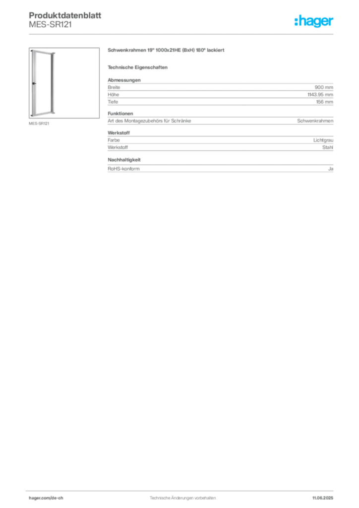 Bild Hager Produktdatenblatt MES-SR121 | Hager Schweiz