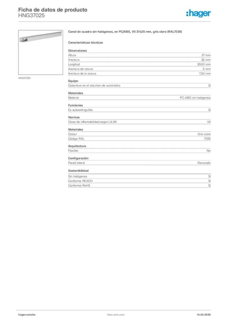 Imagen Hager Ficha de datos de producto HNG37025 | Hager España