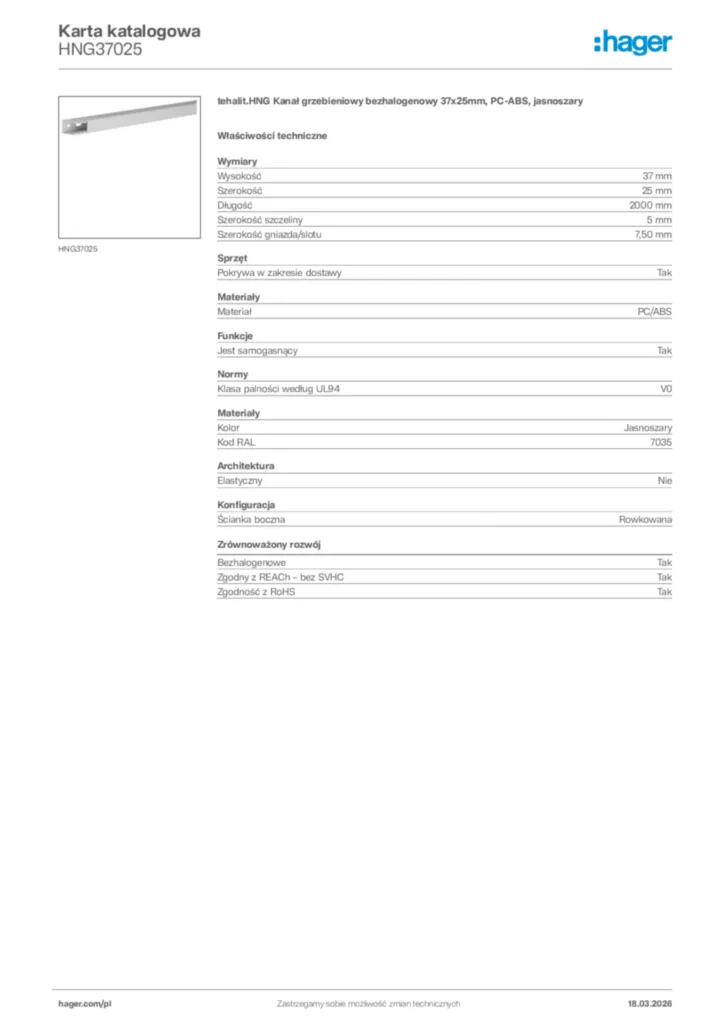 Zdjęcie Hager Karta katalogowa HNG37025 | Hager Polska