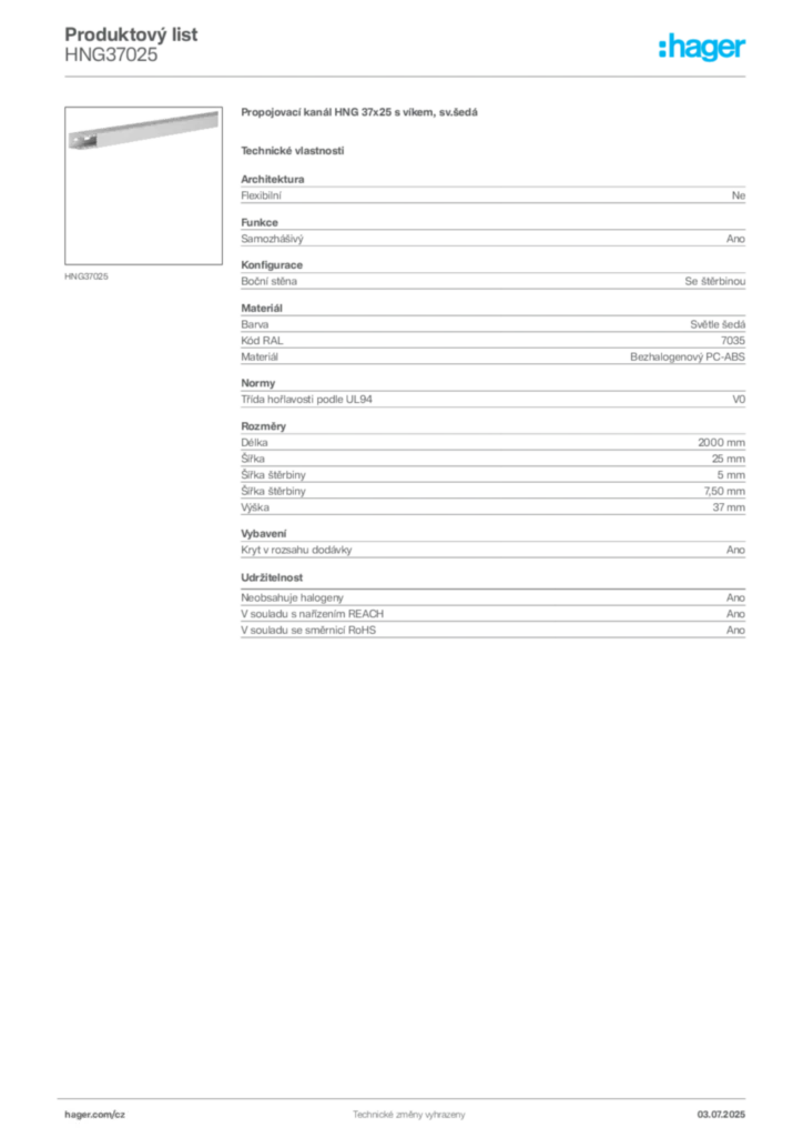 Obrázek Hager Produktový list HNG37025 | Hager