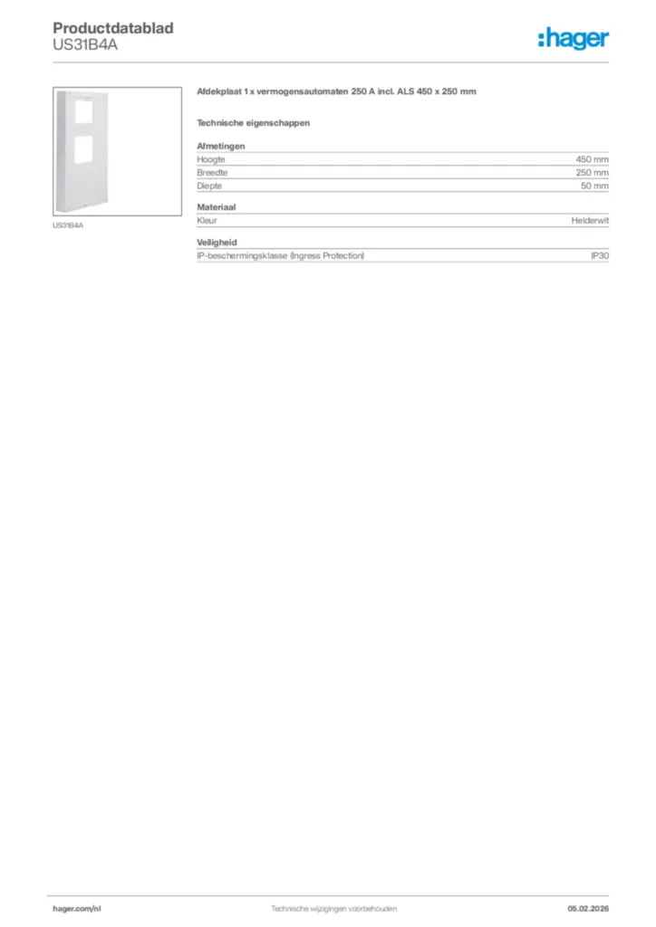Afbeelding Hager Productdatablad US31B4A | Hager Nederland