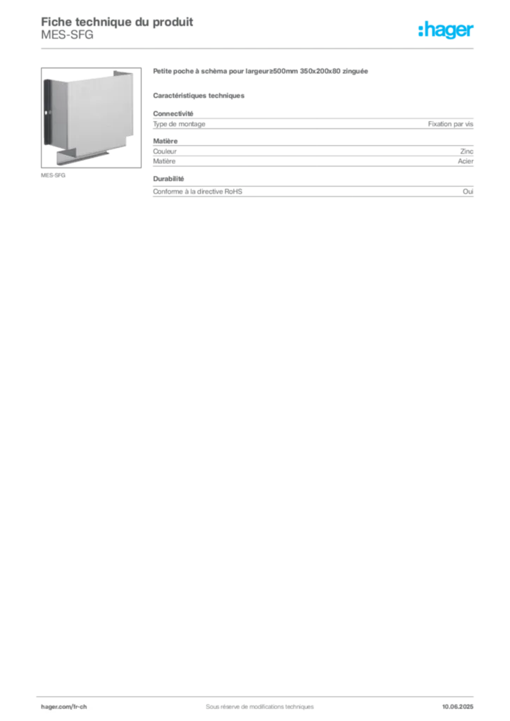 Image Hager Fiche technique du produit MES-SFG | Hager Suisse