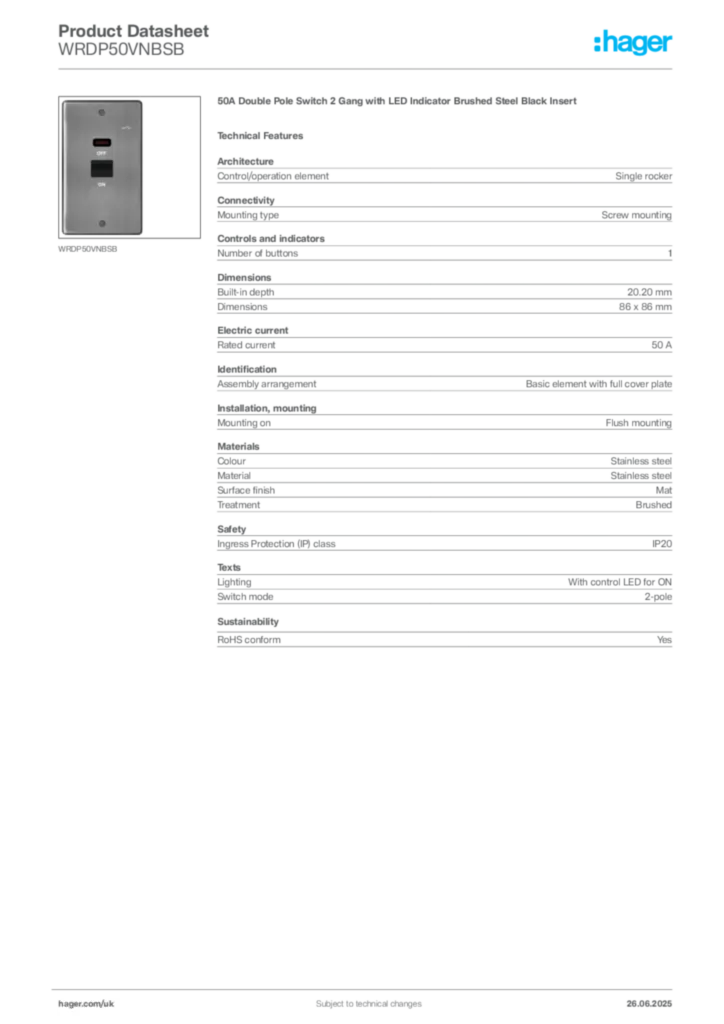 Image Hager Product data sheet WRDP50VNBSB  | Hager