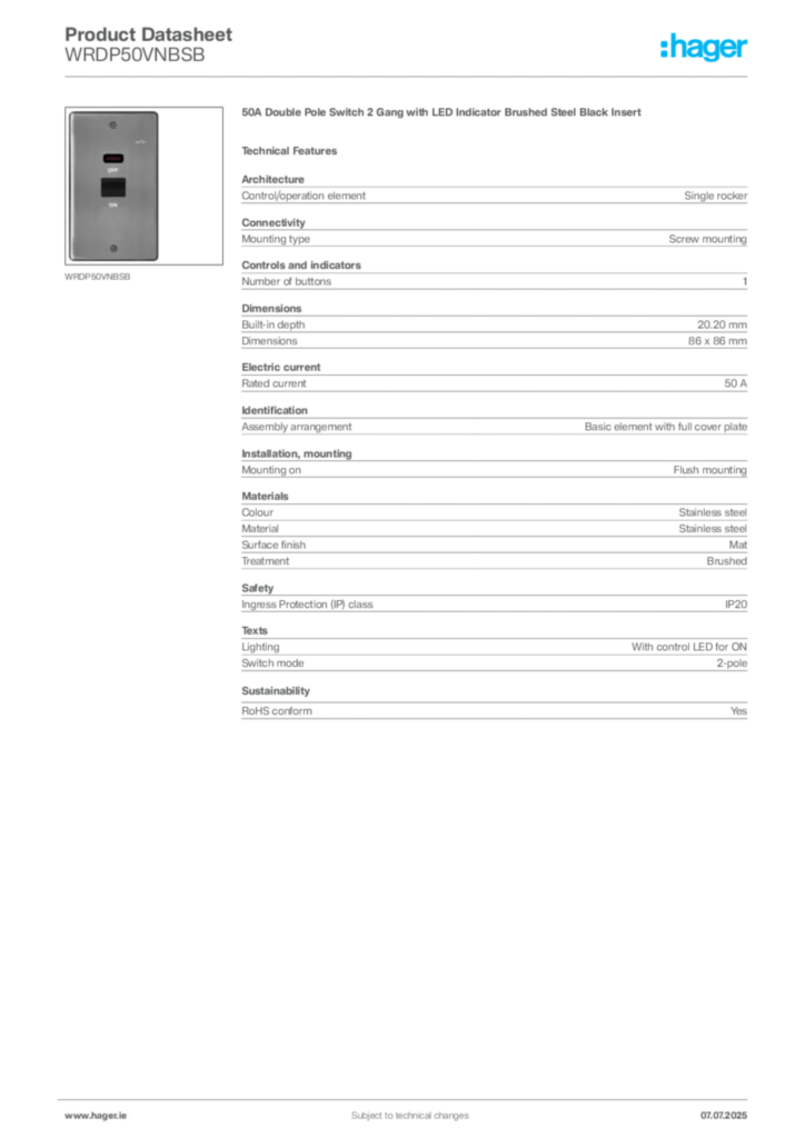Image Hager Product data sheet WRDP50VNBSB  | Hager