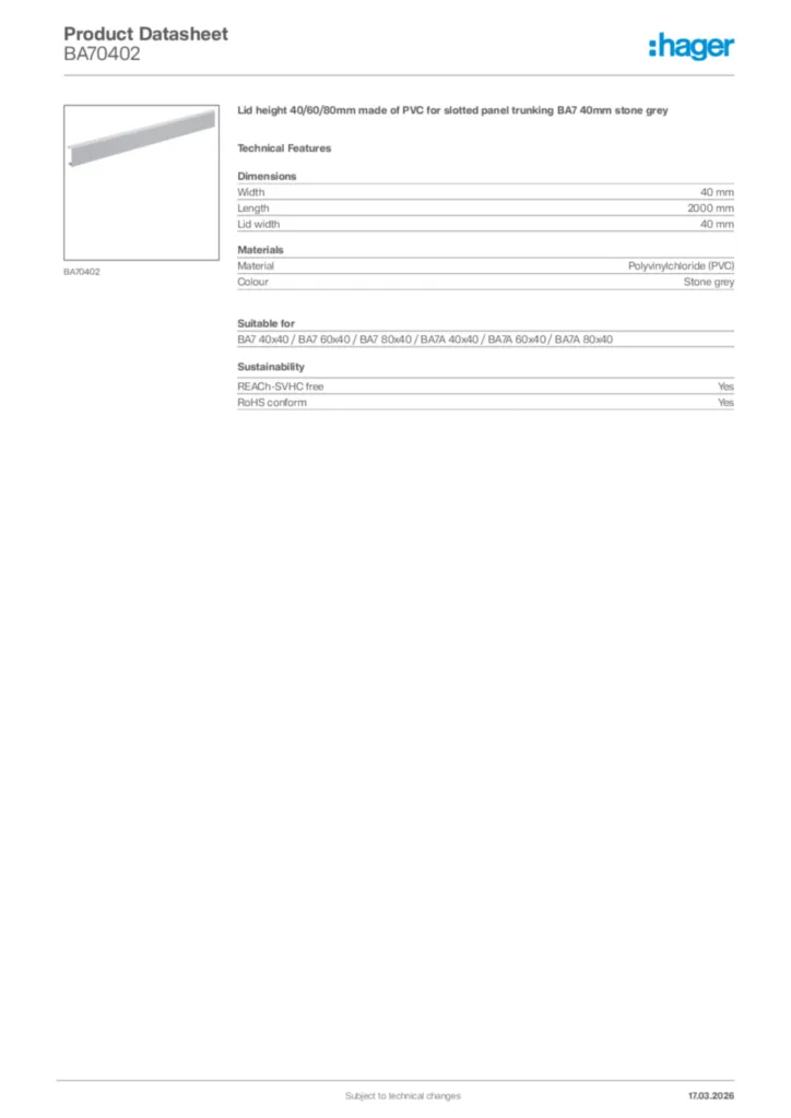 Image Hager Product data sheet BA70402  | Hager Africa