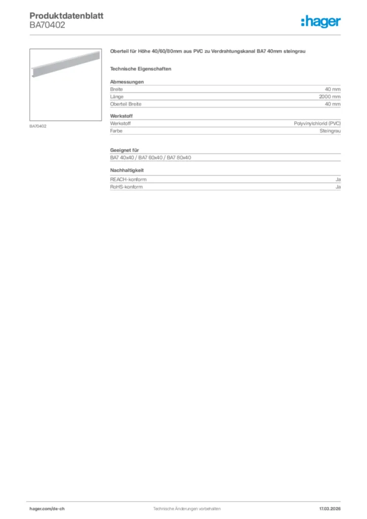 Bild Hager Produktdatenblatt BA70402 | Hager Schweiz