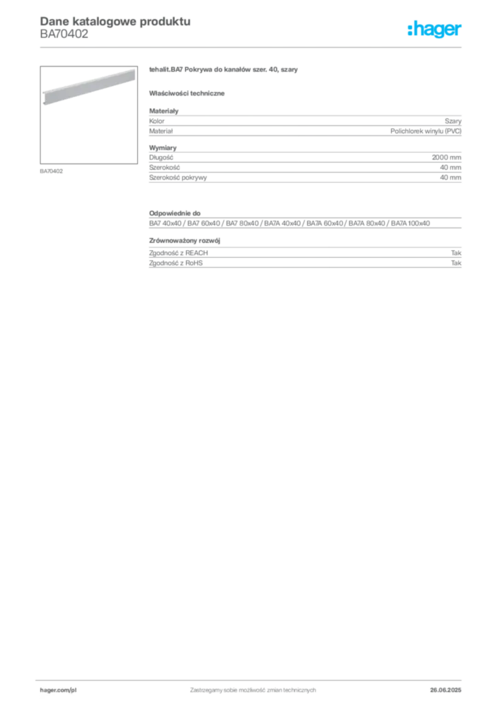 Zdjęcie Hager Dane katalogowe produktu BA70402 | Hager Polska