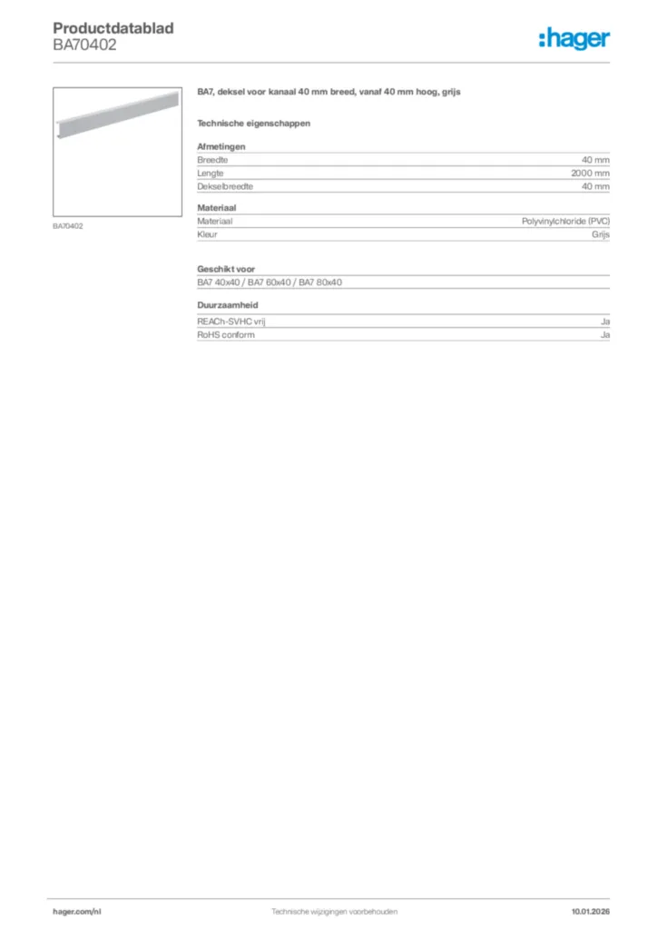 Afbeelding Hager Productdatablad BA70402 | Hager Nederland