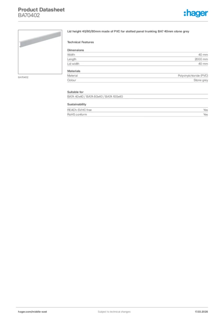 Image Hager Product data sheet BA70402  | Hager