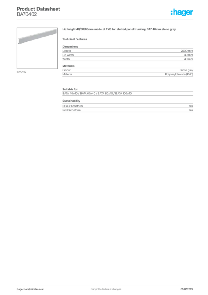 Image Hager Product data sheet BA70402  | Hager