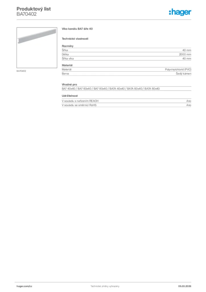 Obrázek Hager Product data sheet BA70402 | Hager