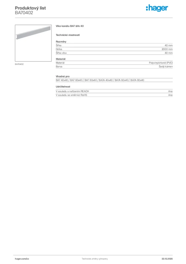 Obrázek Hager Produktový list BA70402 | Hager