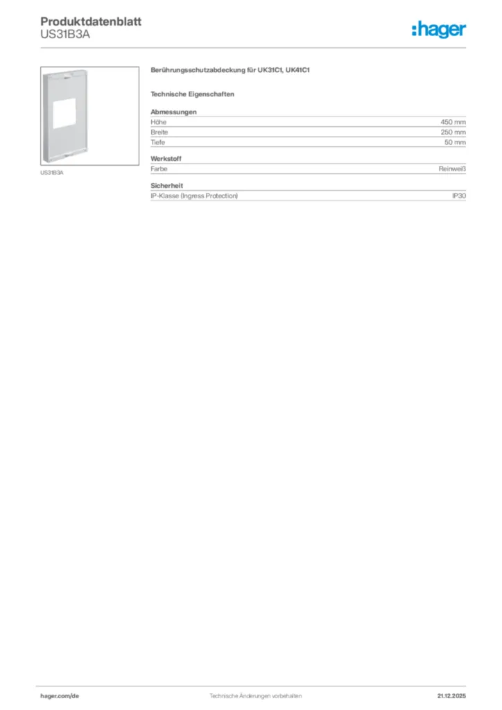 Bild Hager Produktdatenblatt US31B3A | Hager Deutschland