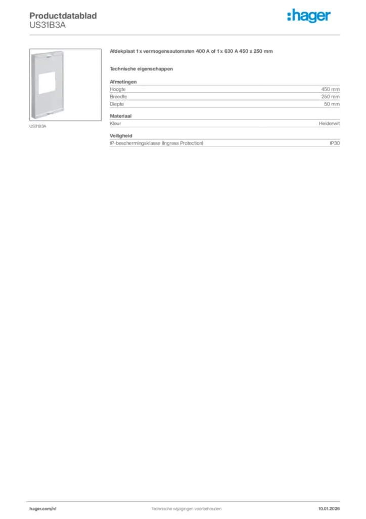 Afbeelding Hager Productdatablad US31B3A | Hager Nederland