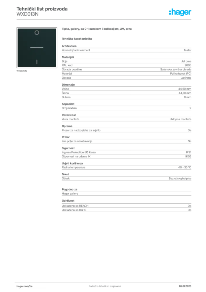Slika Hager Product data sheet WXD013N  | Hager