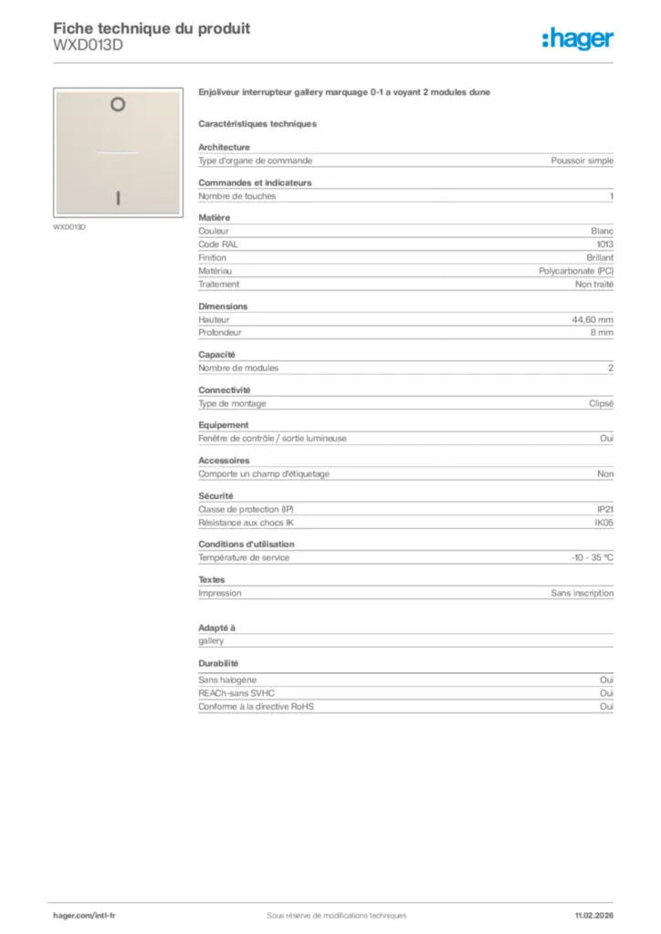 Image Hager Fiche technique du produit WXD013D | Hager Afrique