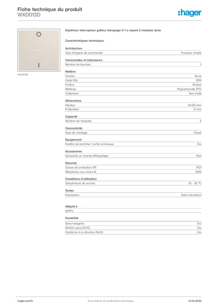 Image Hager Fiche technique du produit WXD013D | Hager France