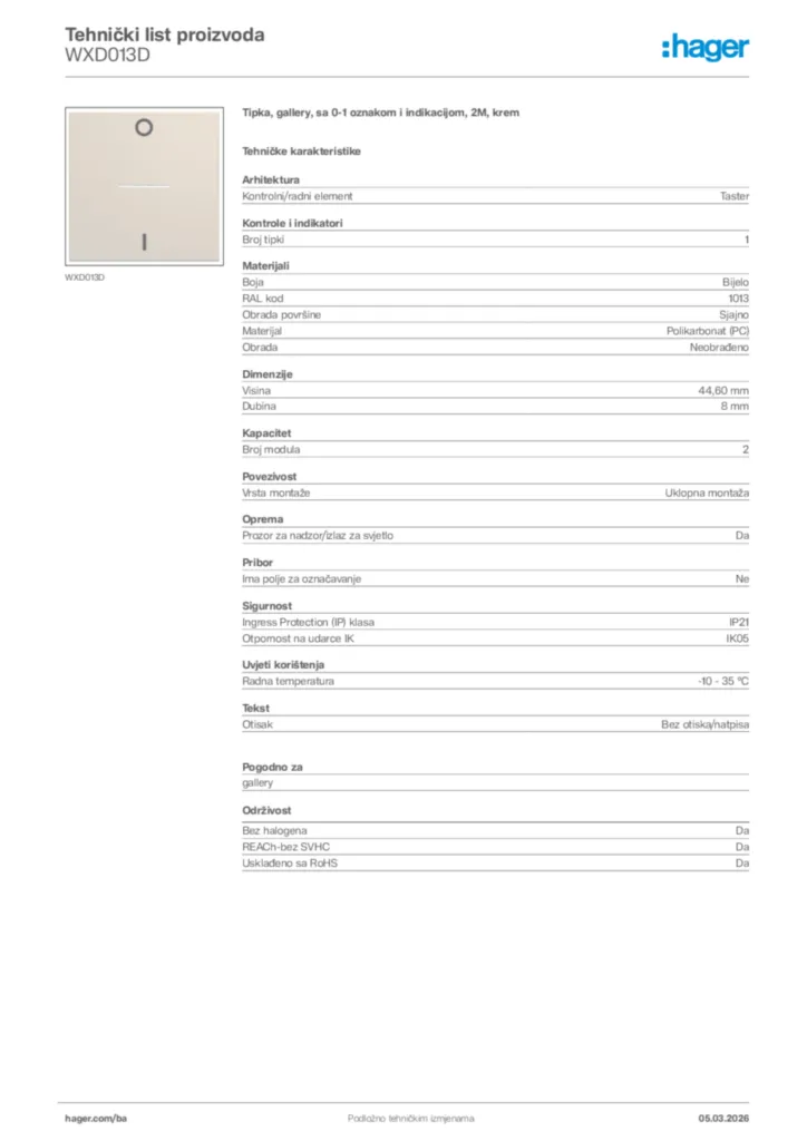 Slika Hager Tehnički list proizvoda WXD013D  | Hager