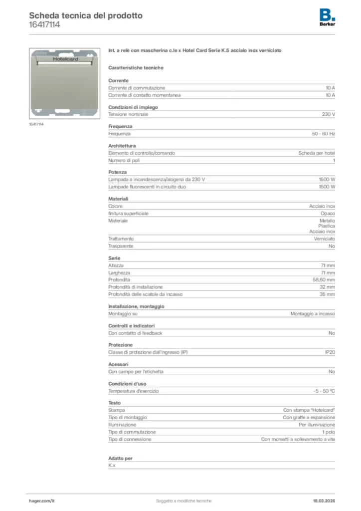 Immagine Berker Scheda tecnica del prodotto 16417114 | Hager Italia