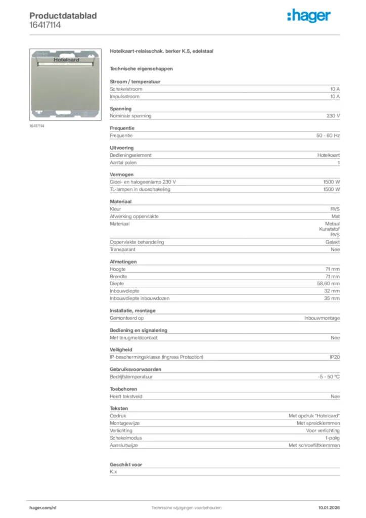 Afbeelding Hager Productdatablad 16417114 | Hager Nederland