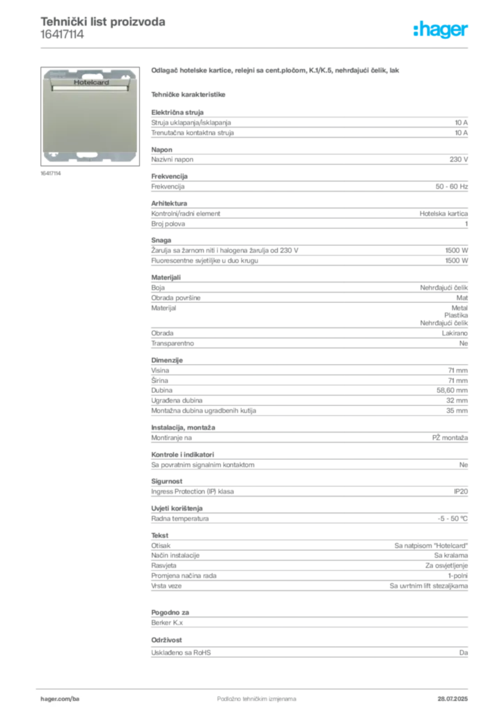 Slika Hager Product data sheet 16417114  | Hager