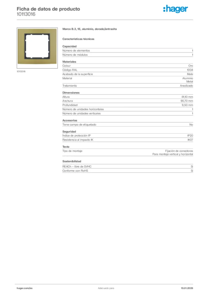 Imagen Hager Ficha de datos de producto 10113016 | Hager España