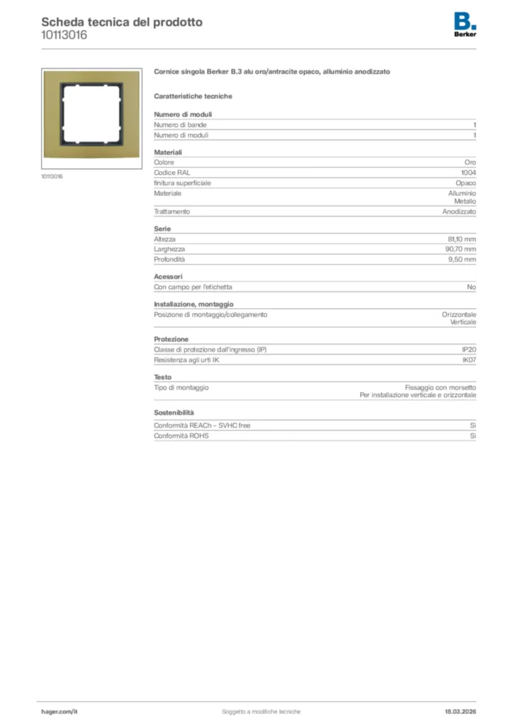 Immagine Berker Scheda tecnica del prodotto 10113016 | Hager Italia