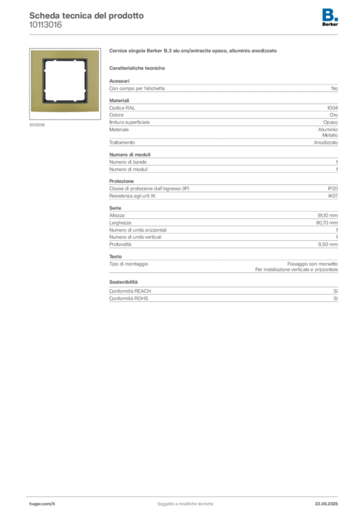 Immagine Berker Scheda tecnica del prodotto 10113016 | Hager Italia