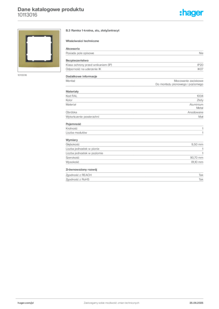Zdjęcie Hager Dane katalogowe produktu 10113016 | Hager Polska
