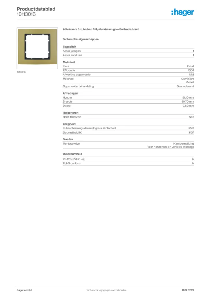Afbeelding Hager Productdatablad 10113016 | Hager Nederland
