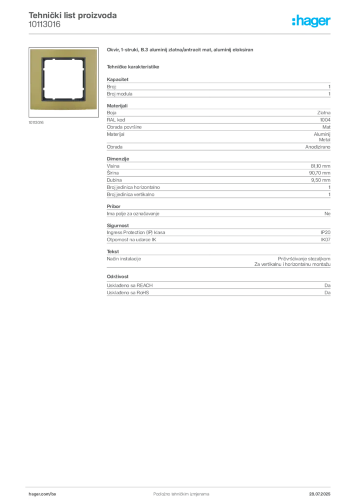Slika Hager Product data sheet 10113016  | Hager