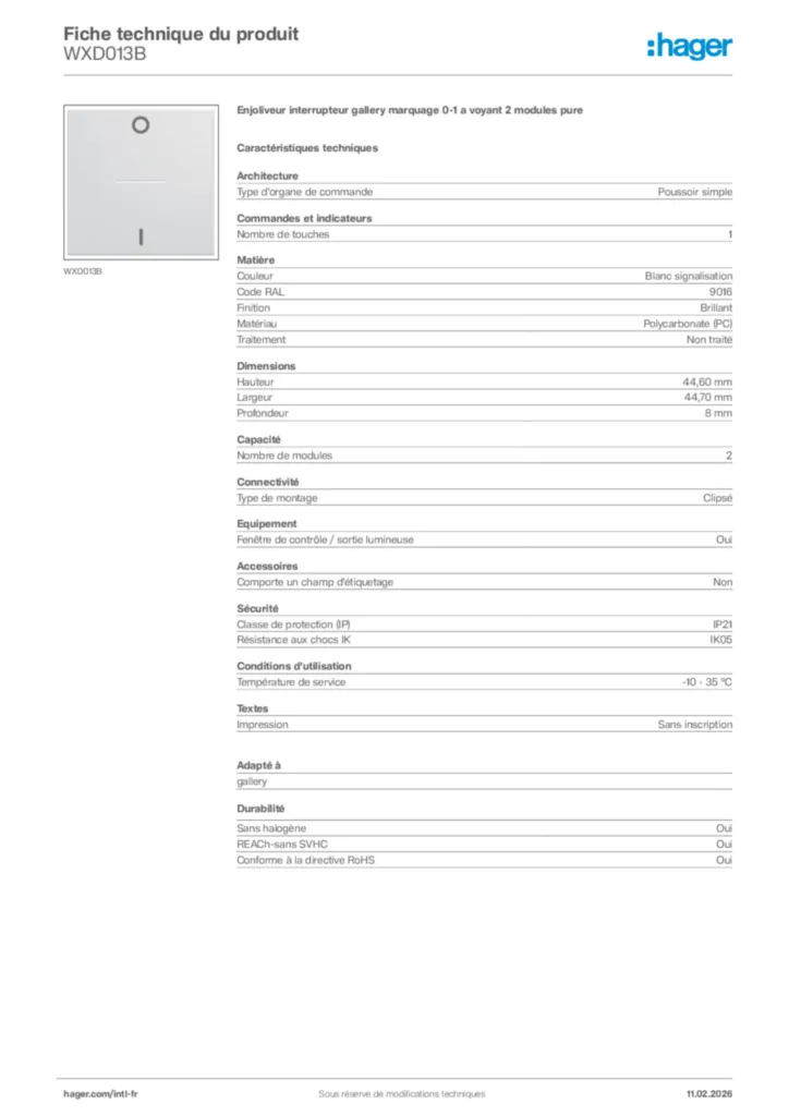 Image Hager Fiche technique du produit WXD013B | Hager Afrique
