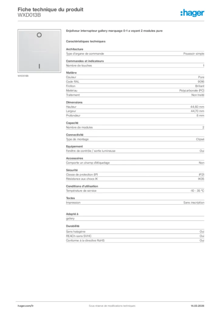 Image Hager Fiche technique du produit WXD013B | Hager France