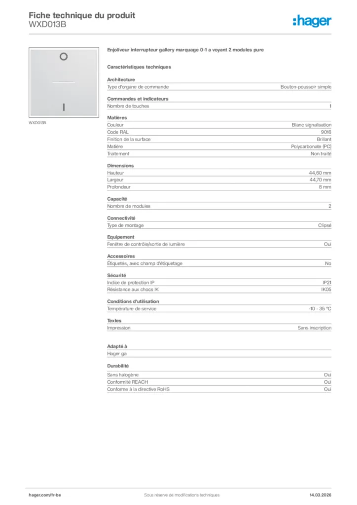 Image Hager Fiche technique du produit WXD013B | Hager Belgique