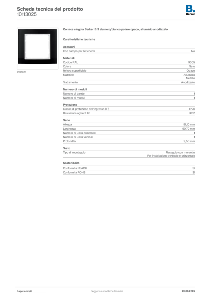 Immagine Berker Scheda tecnica del prodotto 10113025 | Hager Italia