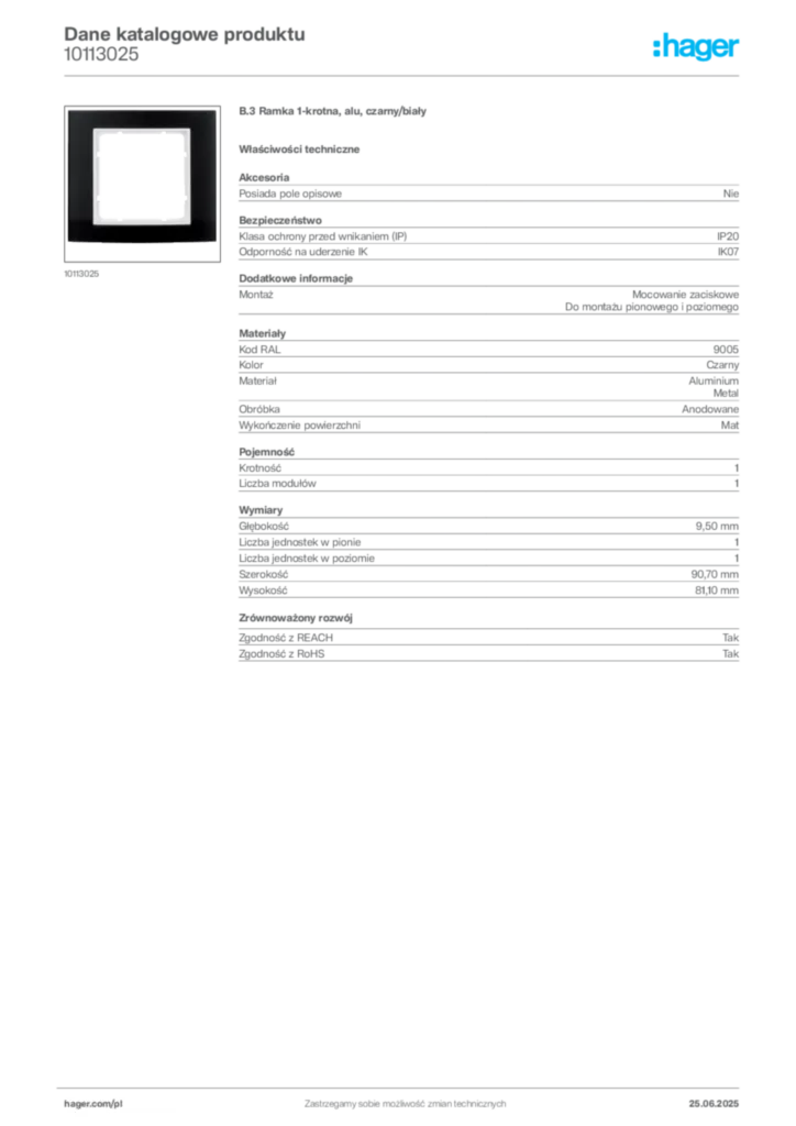 Zdjęcie Hager Dane katalogowe produktu 10113025 | Hager Polska