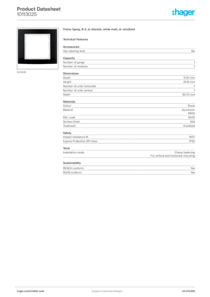 Image Hager Product data sheet 10113025  | Hager
